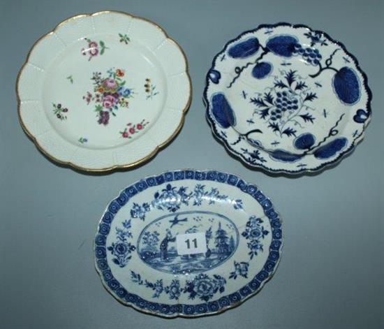 Worcester plate, blue and white dish and another plate(-)